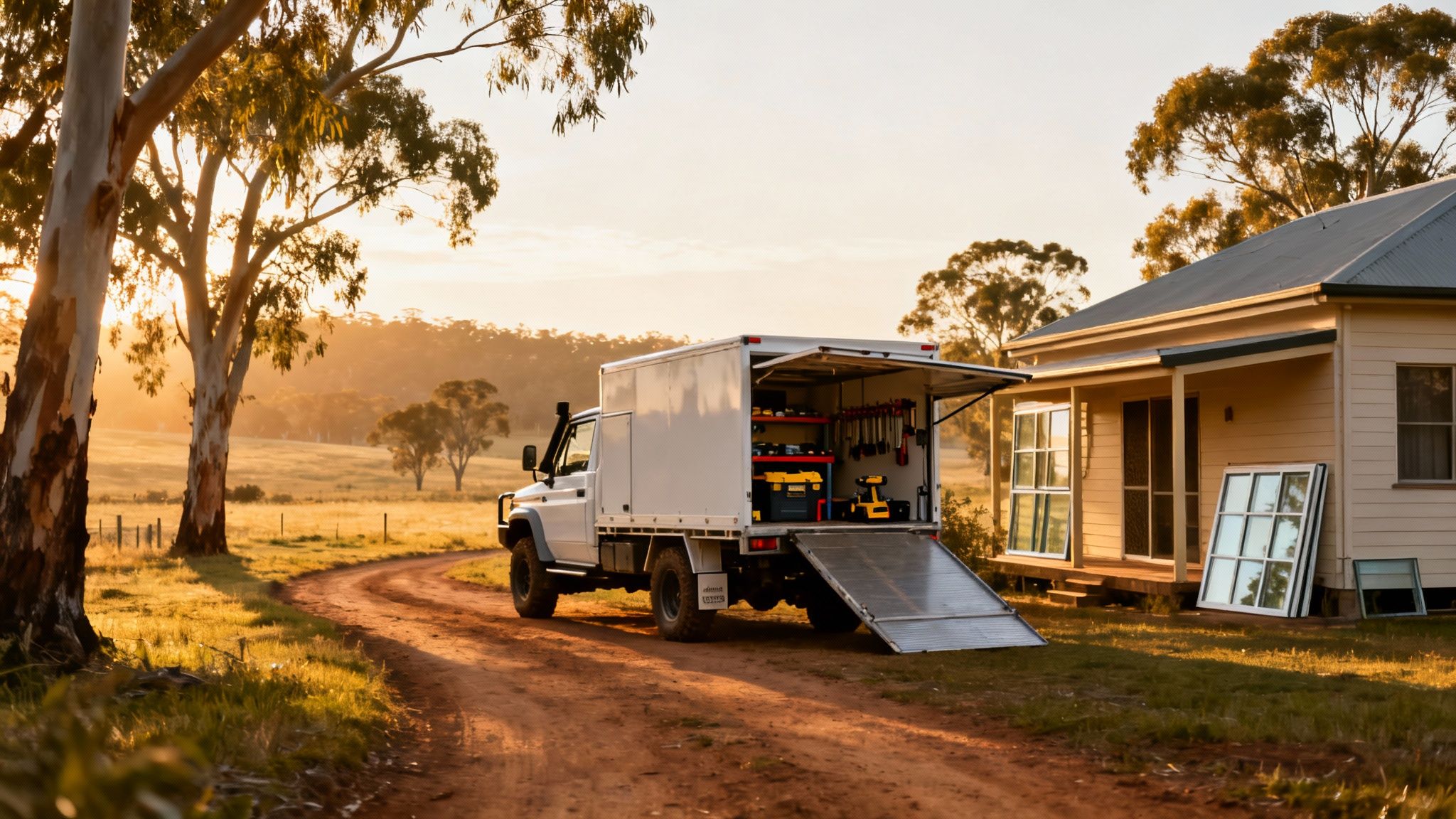 A white utility truck with tools inside parked on a dirt road next to a house with new windows at sunset.