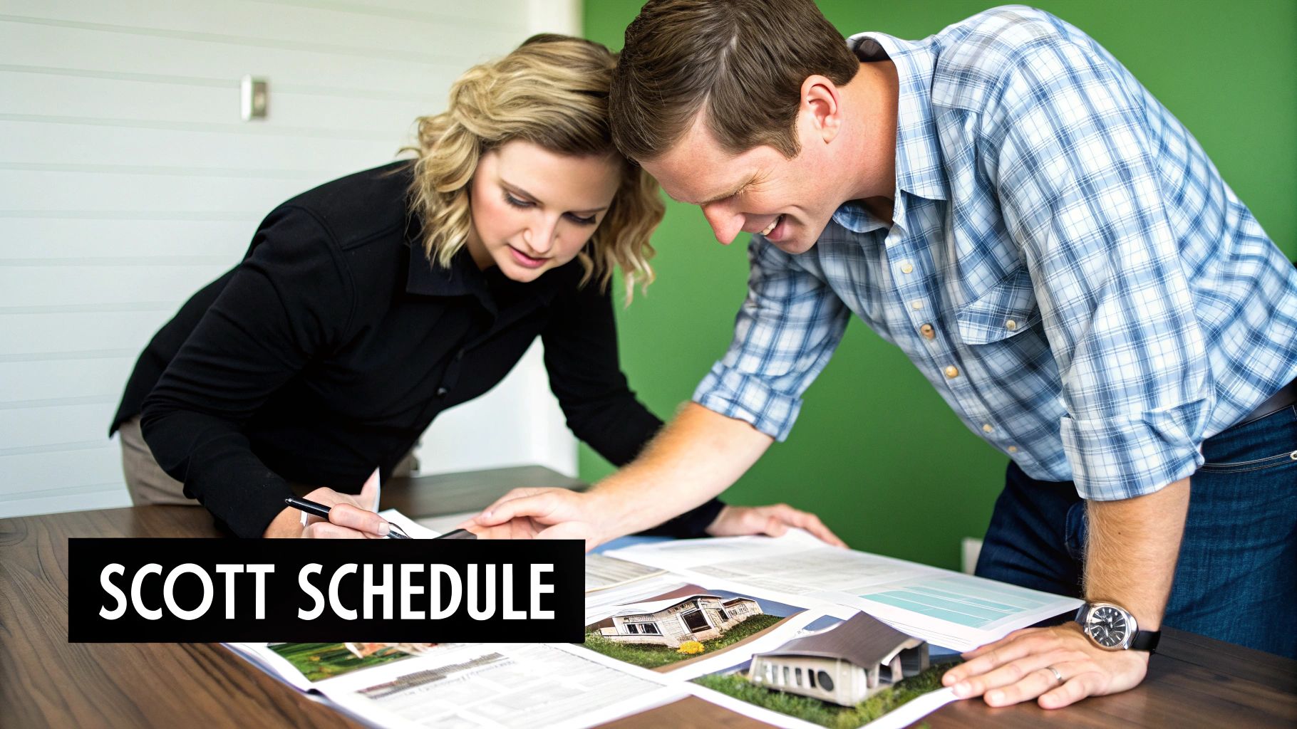 A man and a woman reviewing construction plans and house models on a table, discussing details.