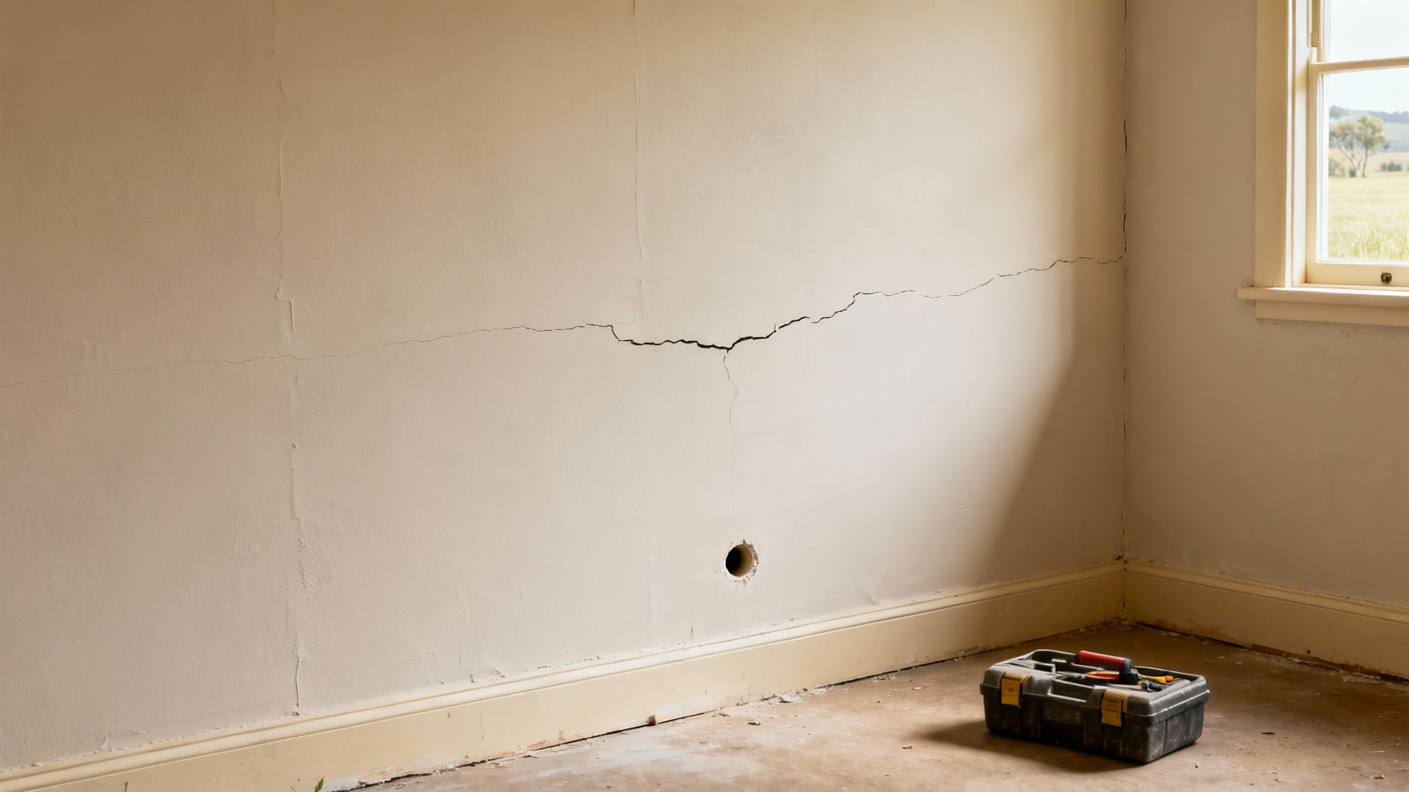 A room with severe cracks on the wall, a hole, a toolbox, and a window.