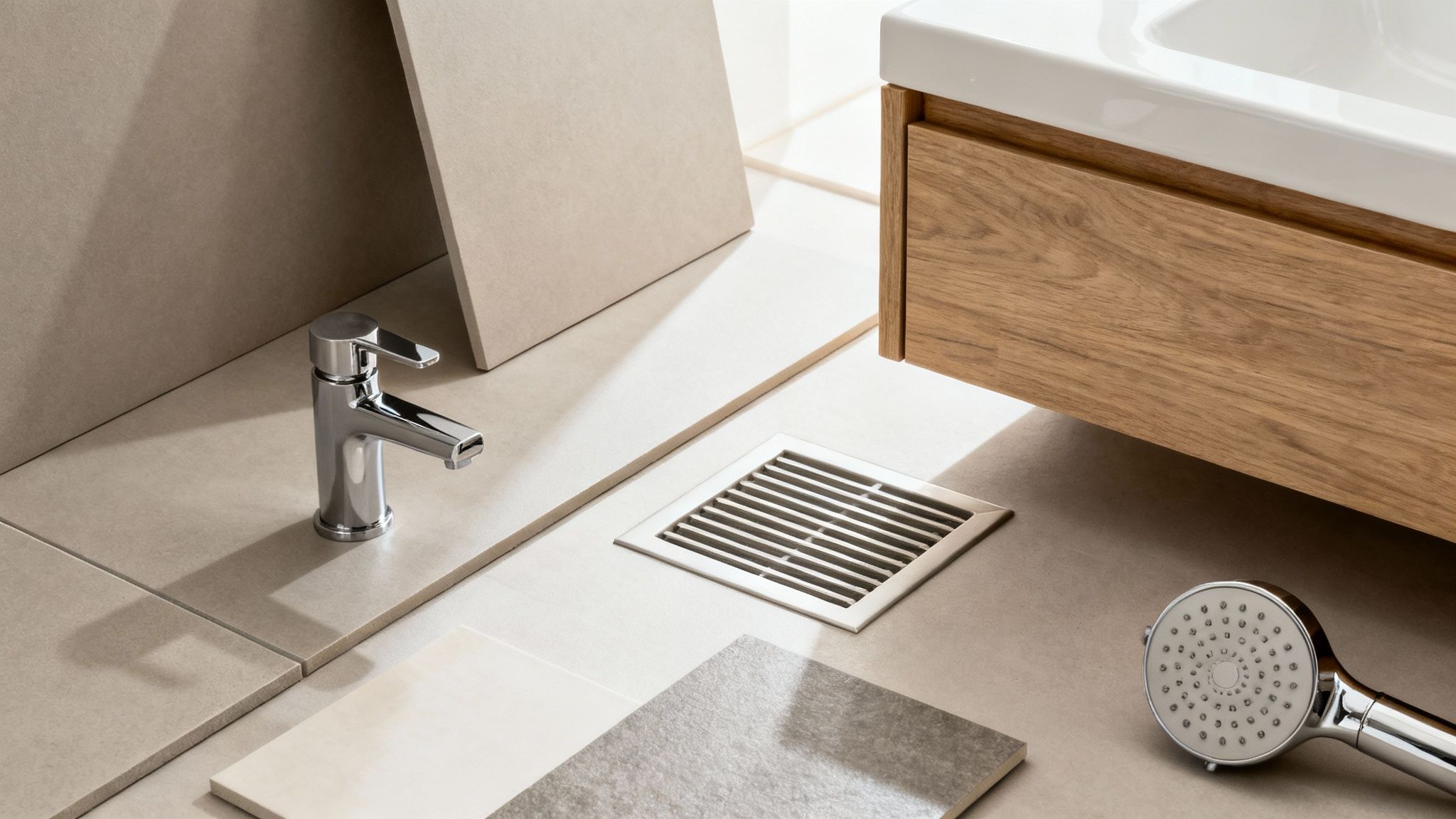 A modern bathroom with wooden vanity and stylish tiles, ideal for a Dubbo home.