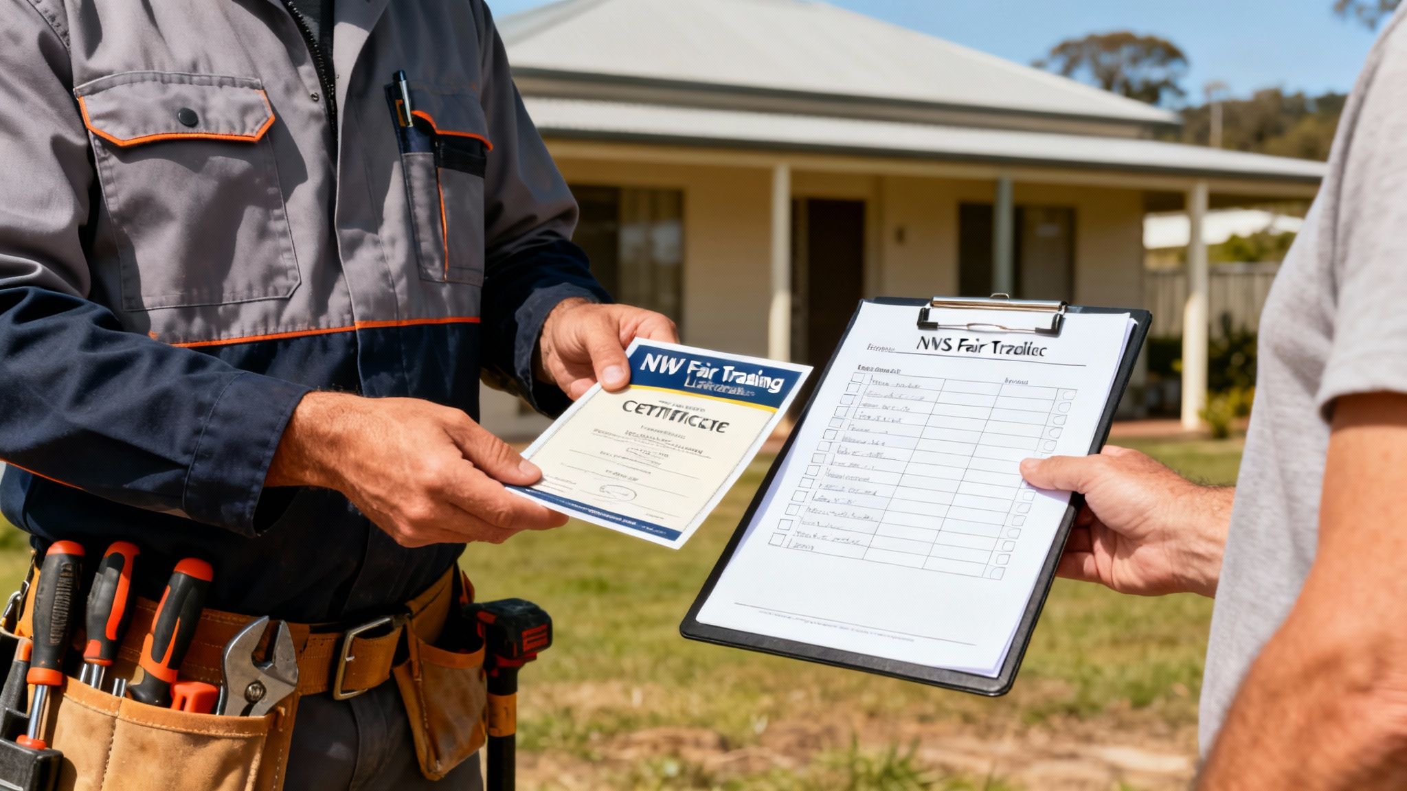 A certified tradesperson in work overalls presenting a 'NW Fair Trading Certificate' to a client with a checklist.