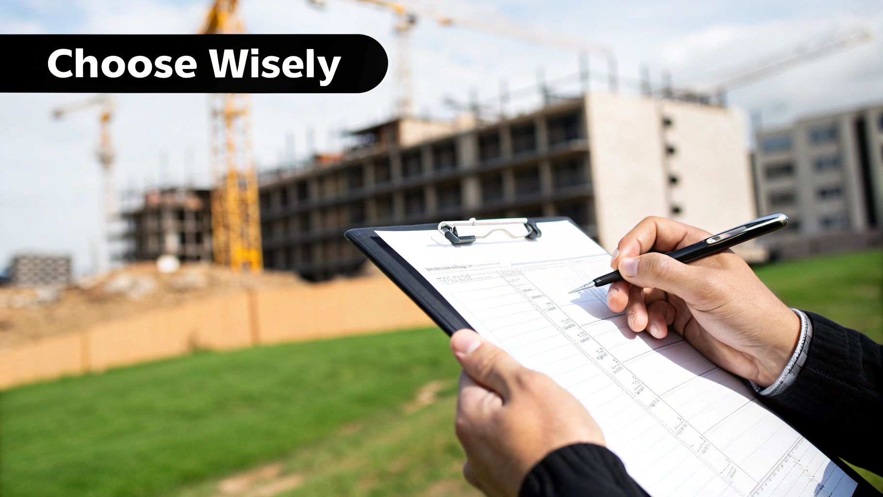 Hands writing on a clipboard with a pen, overseeing a construction site with cranes, text 'Choose Wisely'.