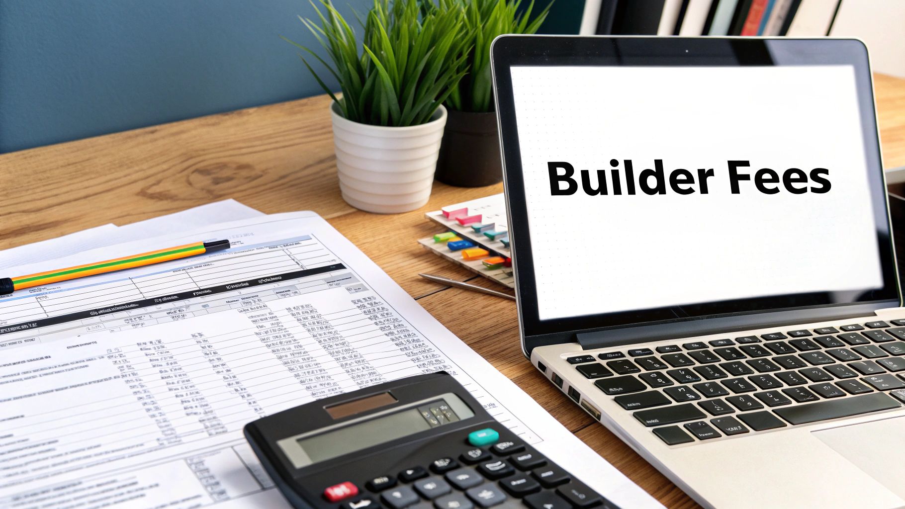A desk with a laptop displaying 'Builder Fees', financial documents, a calculator, and office plants.