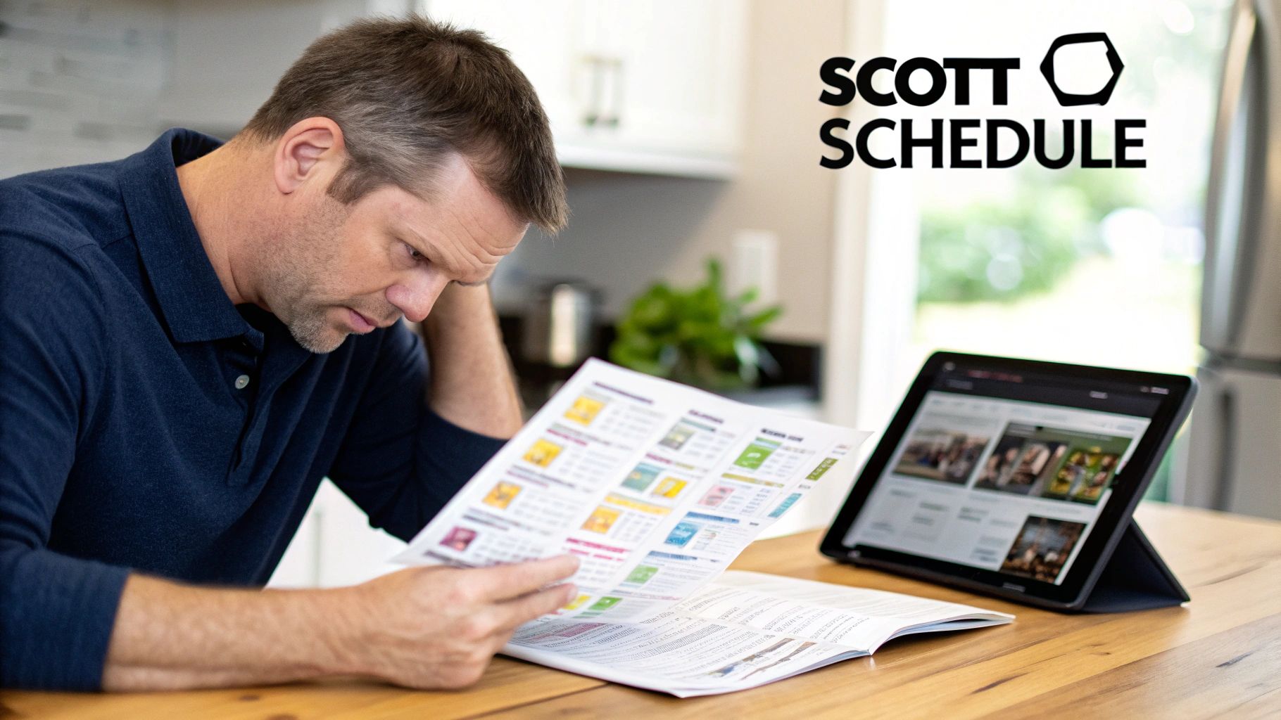 A man uses both a paper schedule and a tablet with the Scott Schedule logo visible.