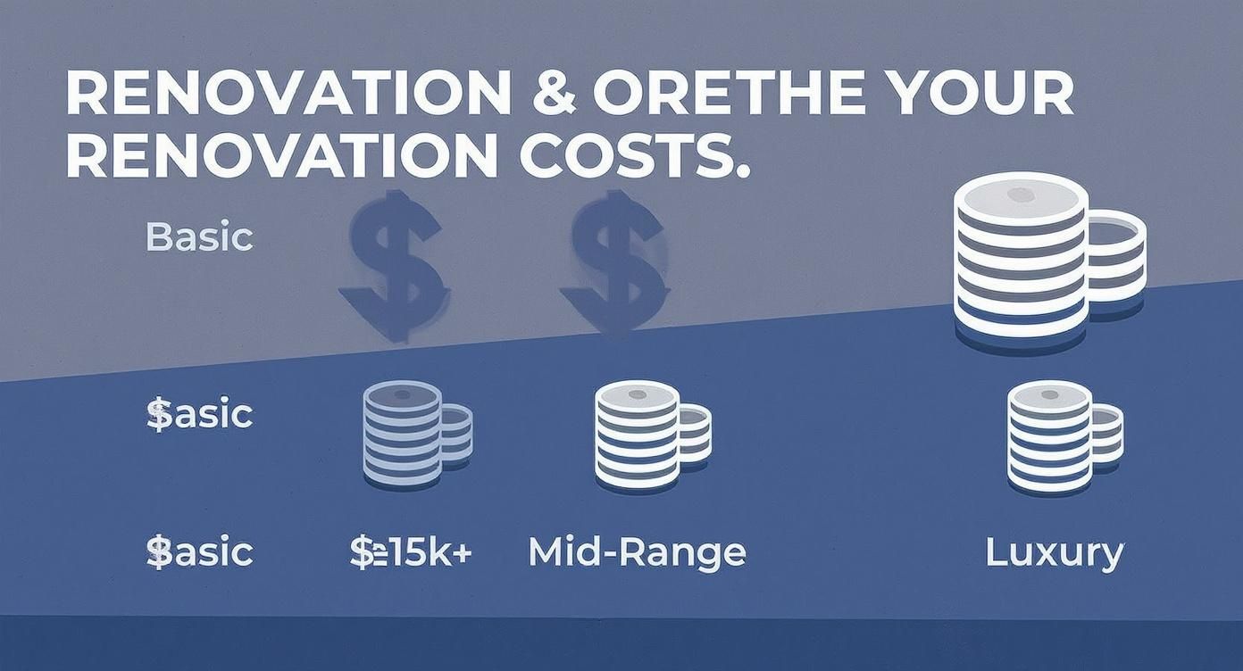 Infographic showing renovation cost breakdown by tiers: Basic, Mid-Range, and Luxury options.