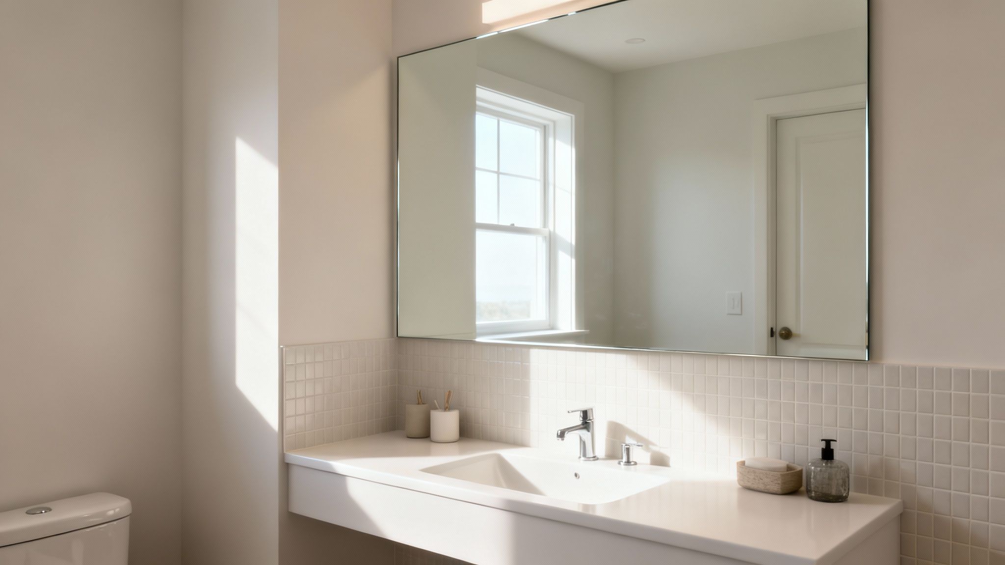 Bright modern bathroom with a floating vanity, square tiled backsplash, large mirror, and natural light.