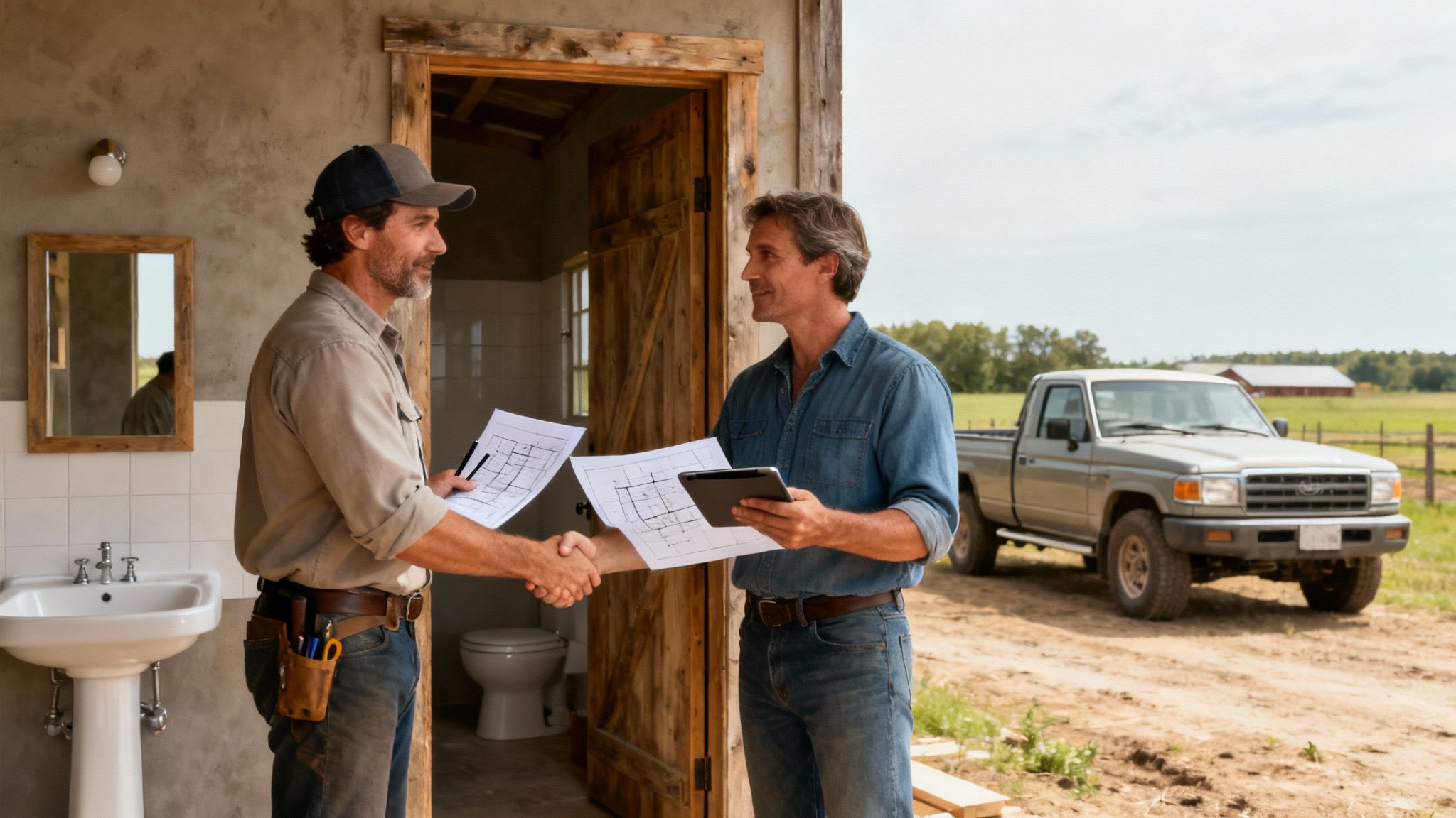 A skilled contractor discussing renovation plans on a rural property, highlighting the importance of finding the right team.