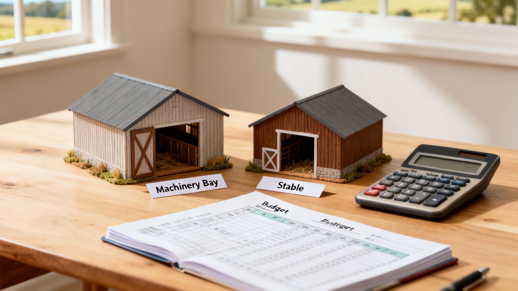 Miniature storage shed and stable models with a calculator and budget sheet on a wooden desk.