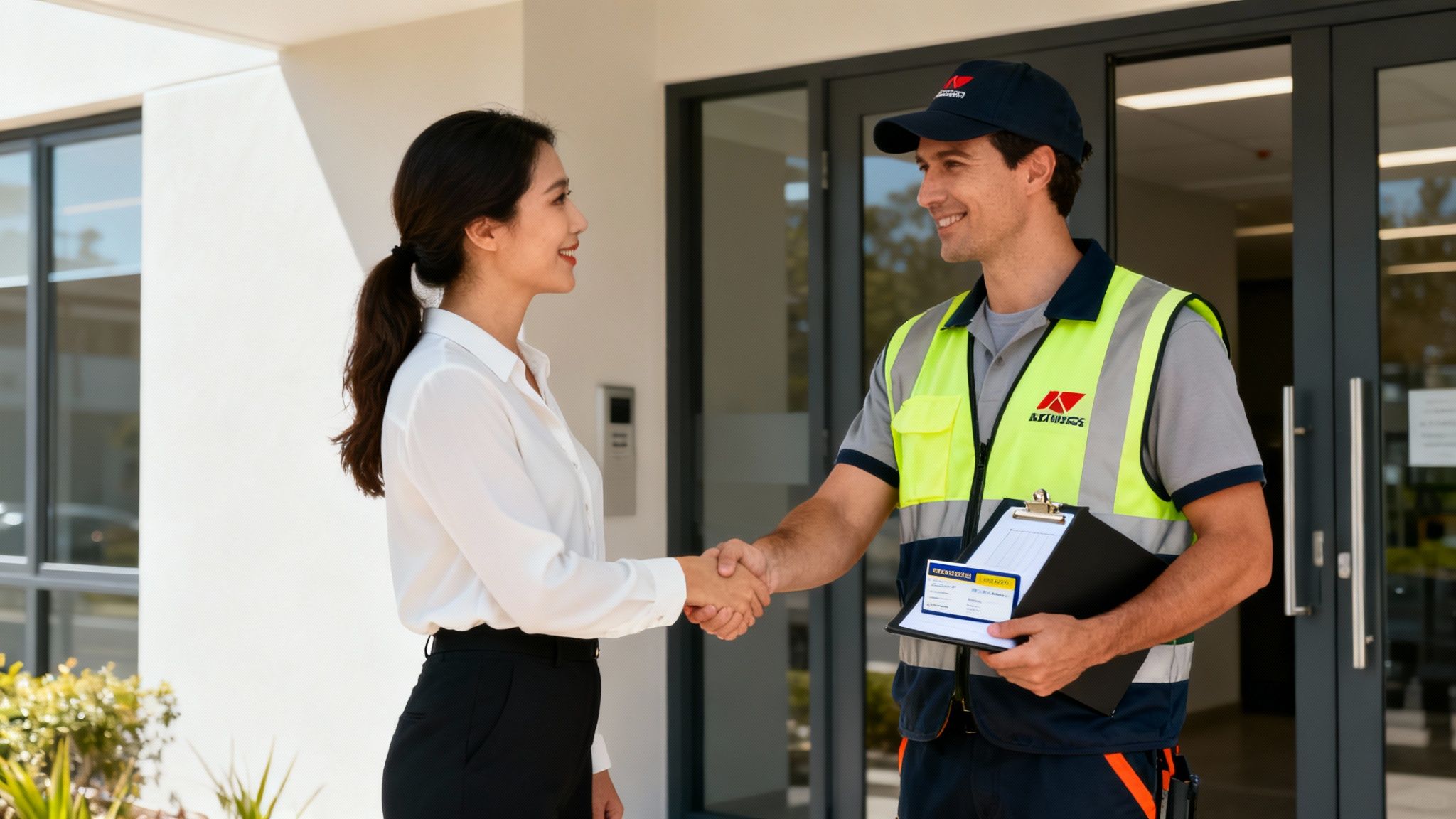 Professional maintenance worker shaking hands with building manager outside modern commercial property entrance