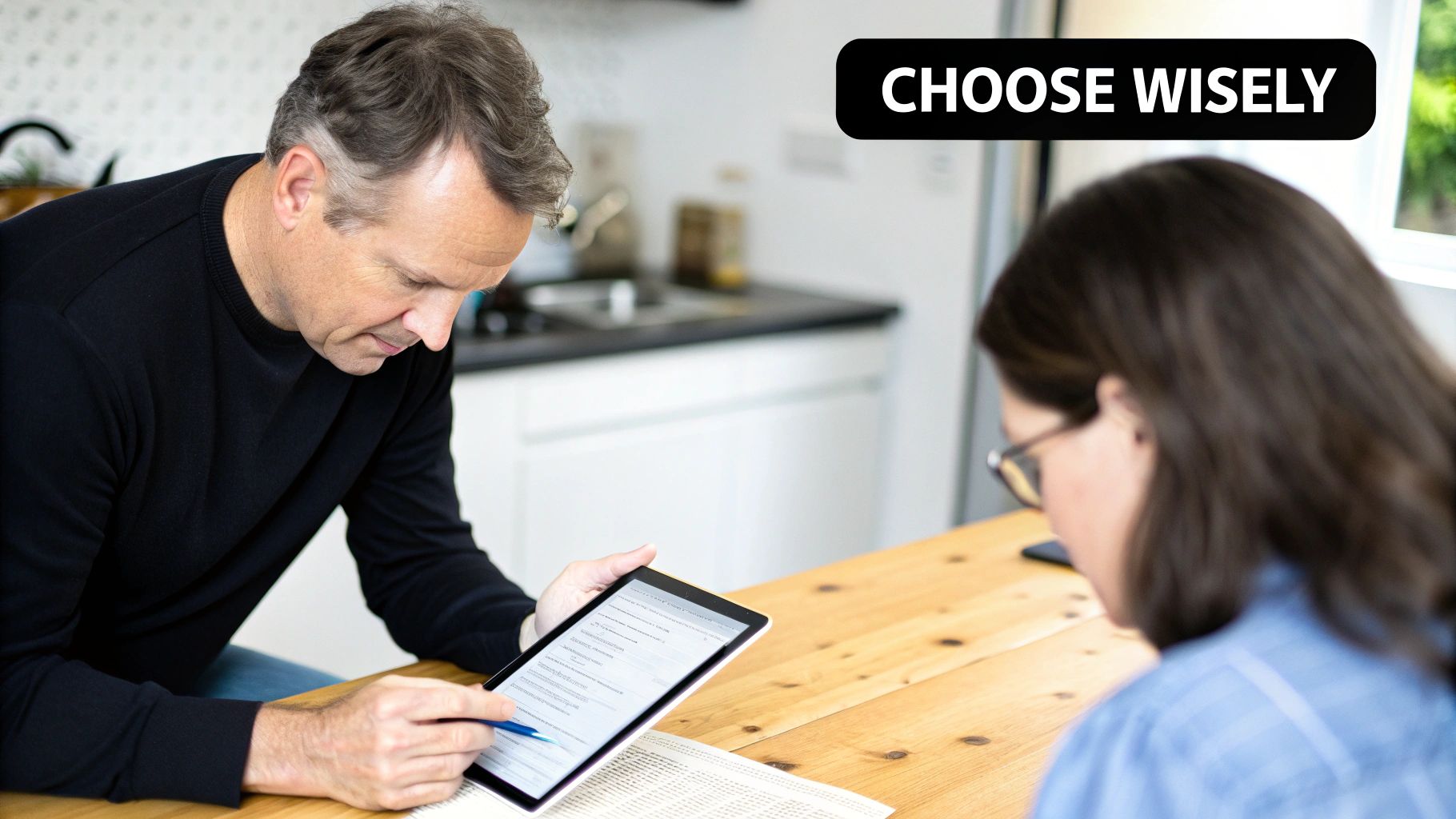 A person pointing to a checklist on a clipboard, signifying the process of choosing a consultant.