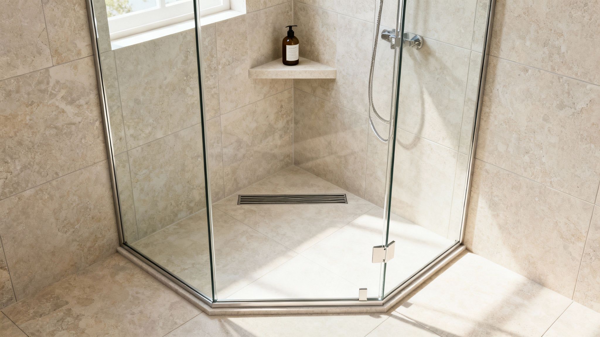 Modern corner shower with glass enclosure, light beige tiles, linear drain, and corner shelf.