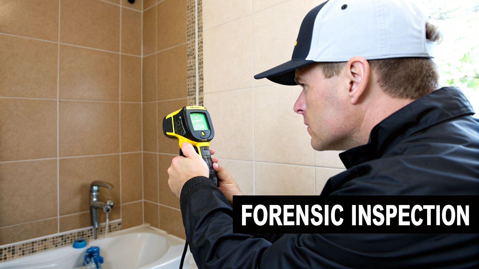 An expert using a thermal imaging device to perform a forensic inspection of a bathroom wall.
