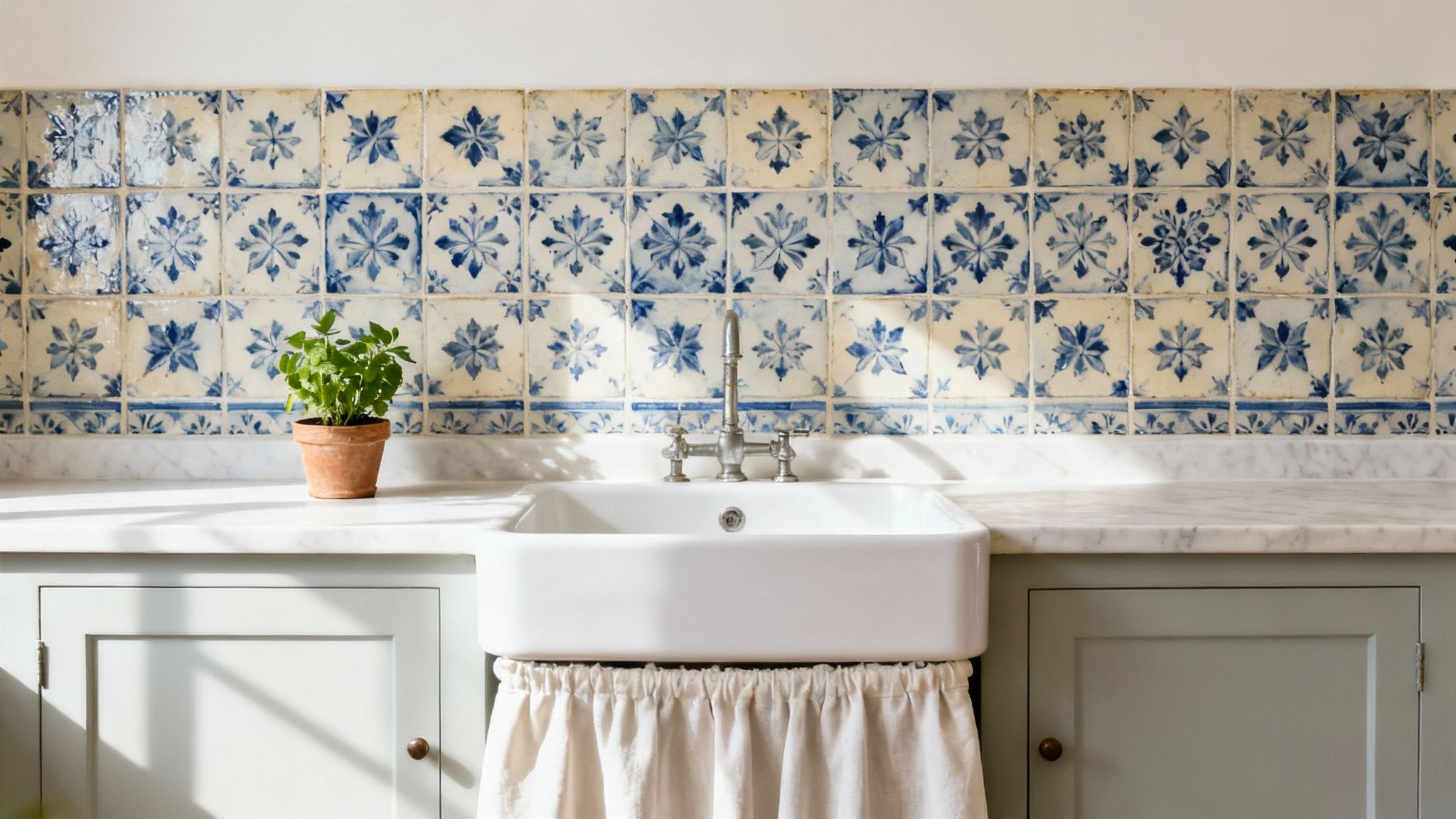 White farmhouse sink with rustic blue floral tile backsplash and marble countertop in country kitchen