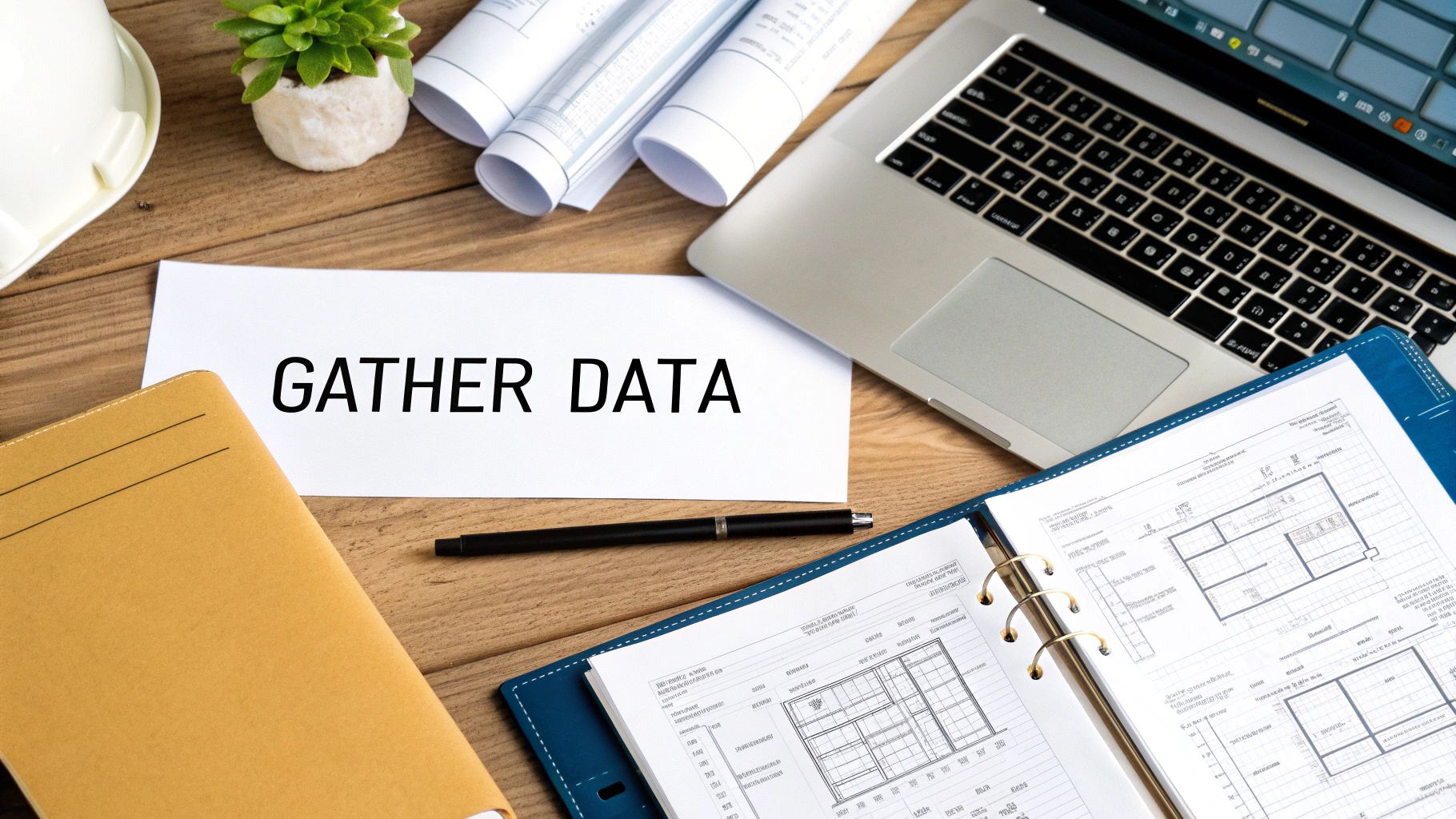 A desk with a laptop, blueprints, a hard hat, and a note saying 'GATHER DATA' for planning.