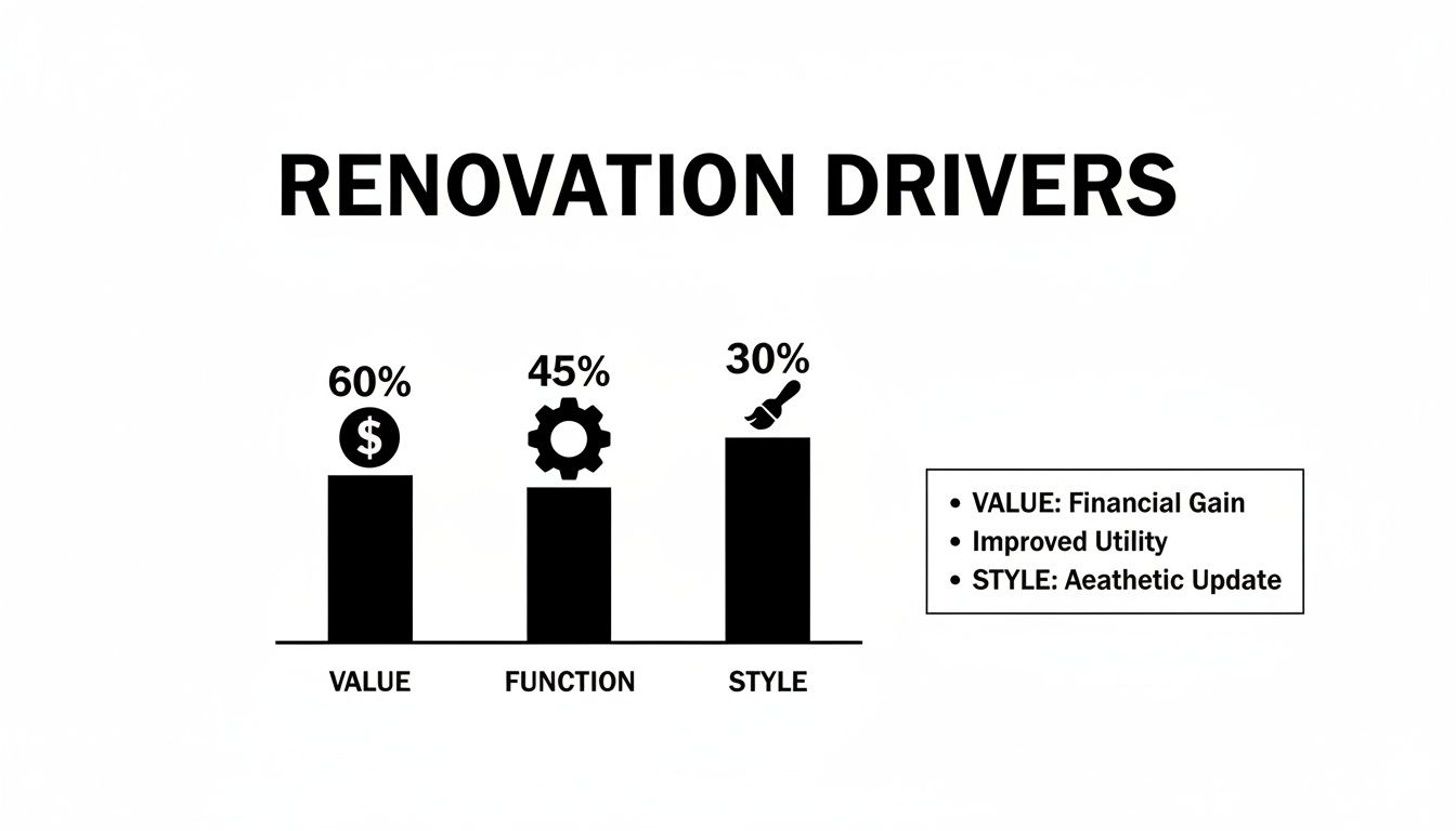 Bar chart illustrating renovation drivers: Value (60%), Function (45%), and Style (30%).