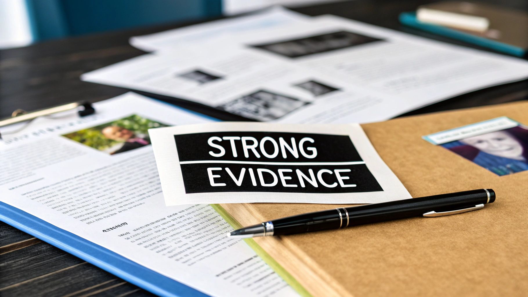 Close-up of a 'STRONG EVIDENCE' sign on a stack of legal documents and a pen, implying an investigation.
