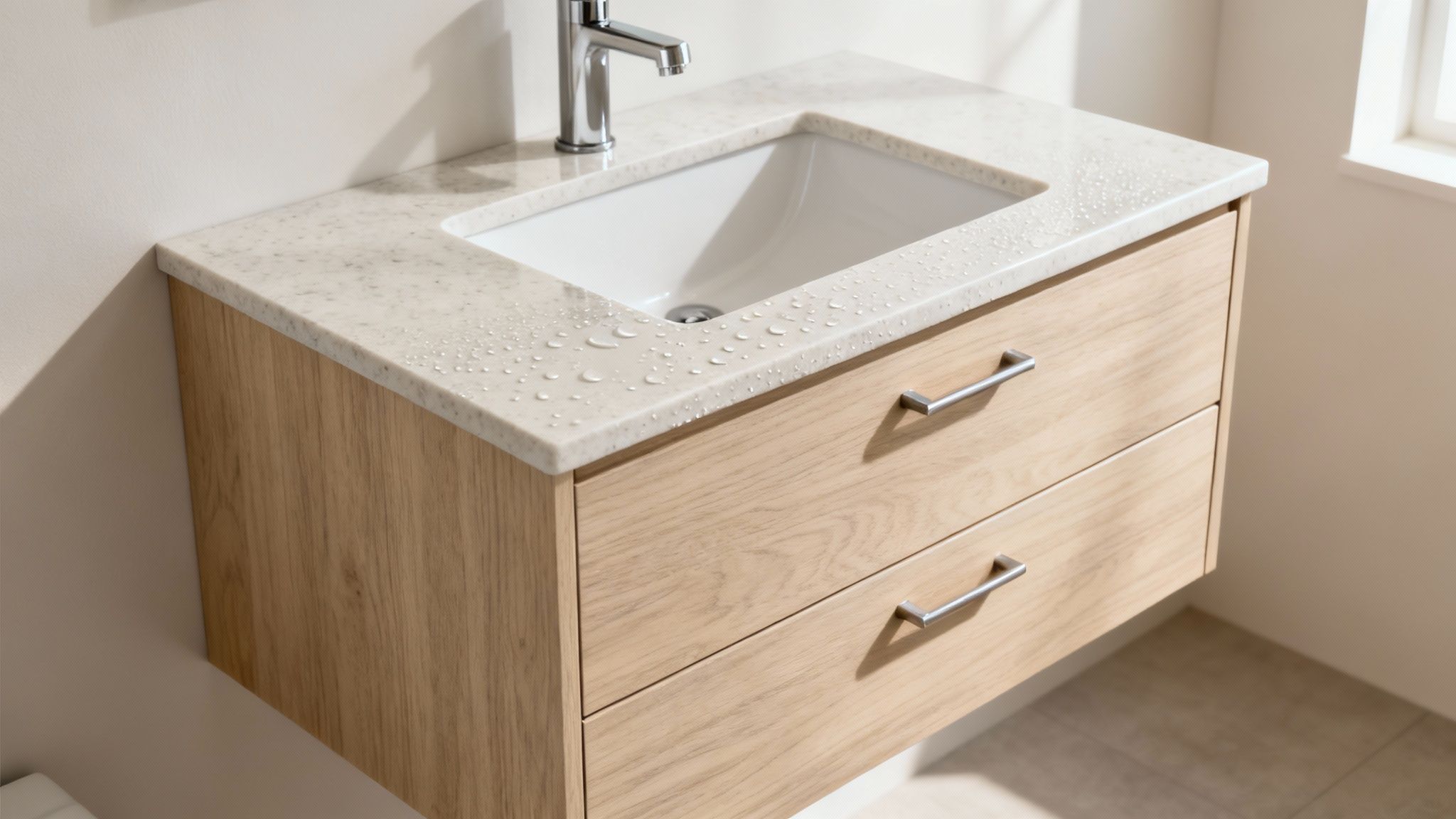 A modern floating bathroom vanity with light wood drawers, white sink, and light stone countertop with water droplets.