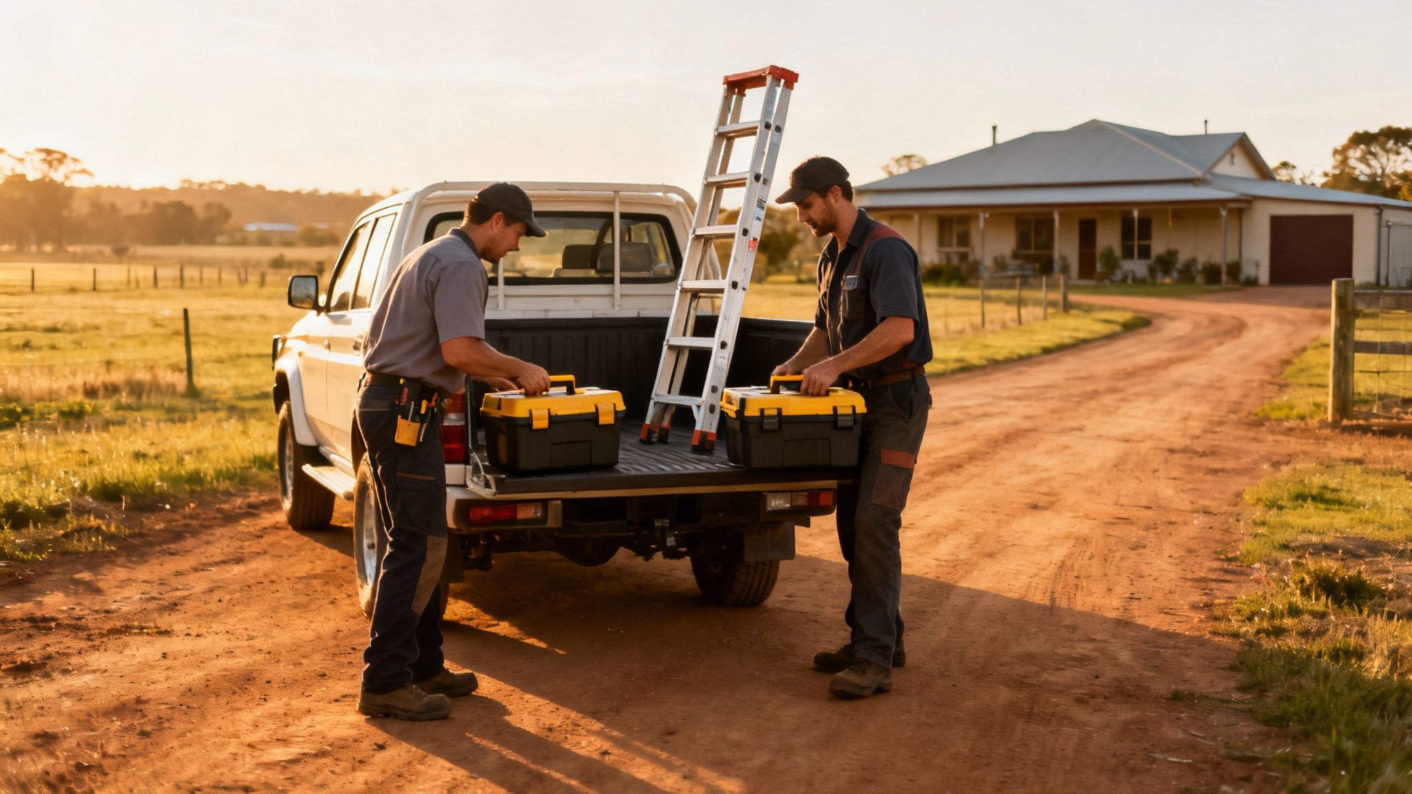 Two handymen load toolboxes and a ladder into a pickup truck at a rural property during sunset.