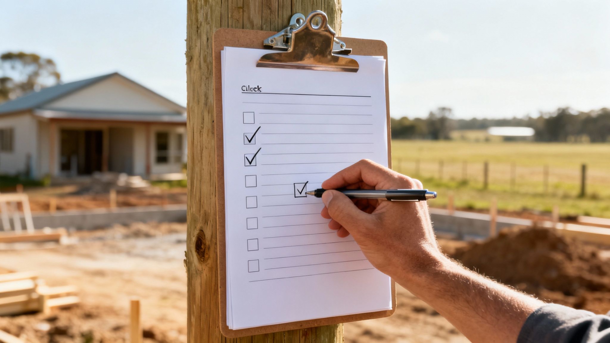 A person's hand checks off items on a clipboard checklist at a rural house construction site.