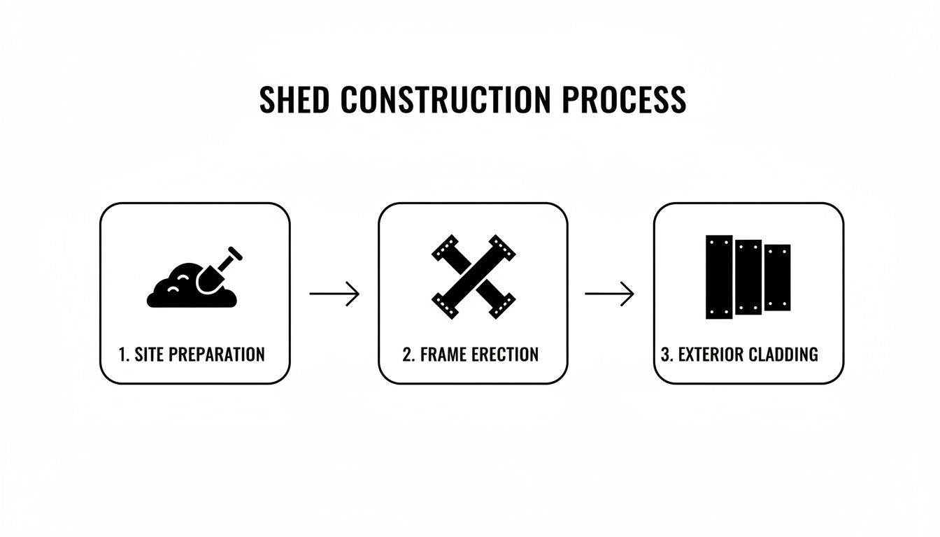 An infographic depicting the three steps of shed construction: site preparation, frame erection, and exterior cladding.