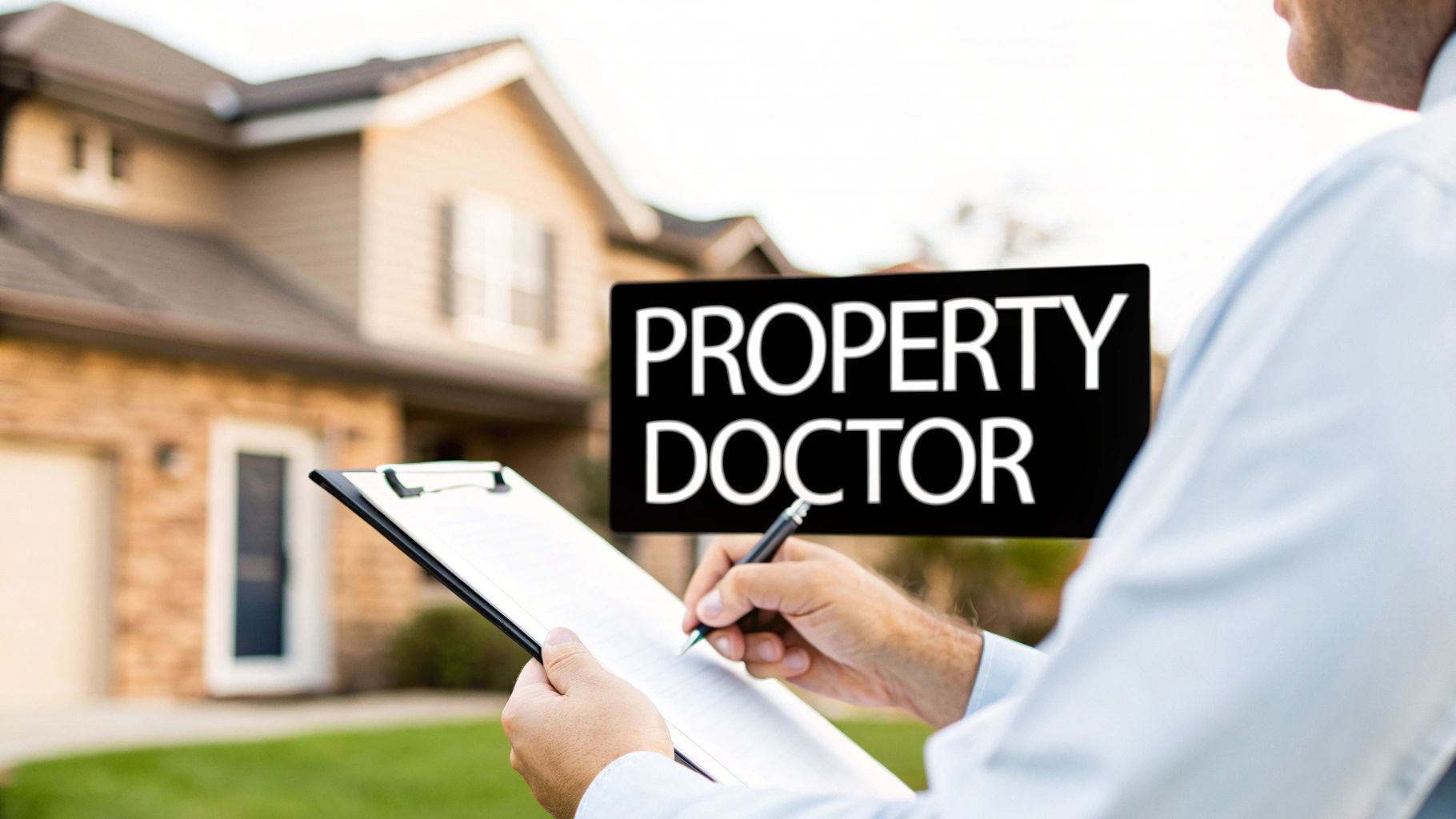 Building consultant inspecting a property with a clipboard