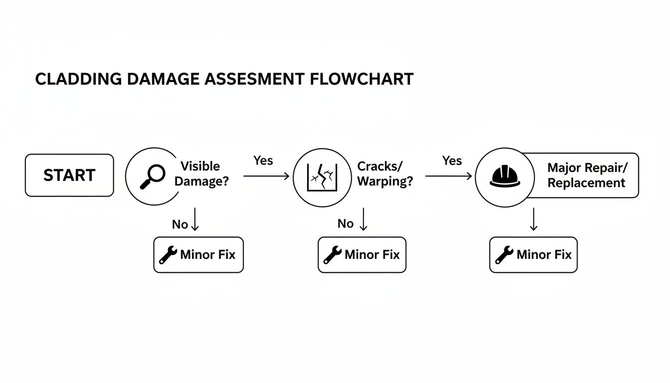 A flowchart detailing cladding damage assessment, guiding users from initial inspection to determining minor fixes or major repairs.