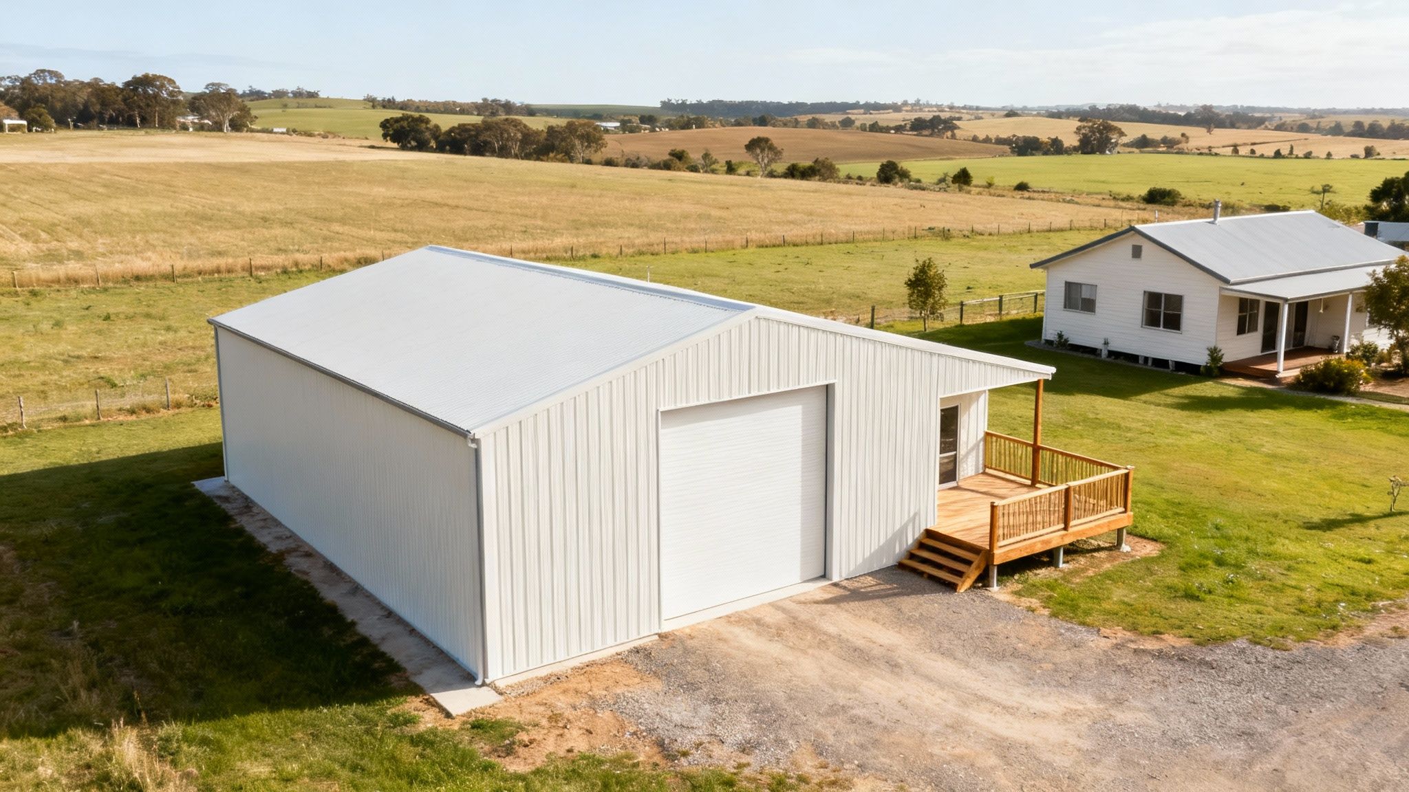 Aerial view of a modern white shed with a wooden deck and a house in a green rural landscape.