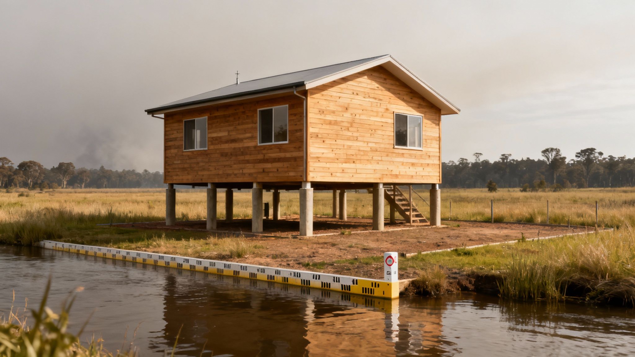 A rural home with a large water tank, set against a backdrop of Australian bushland, highlighting bushfire preparedness.