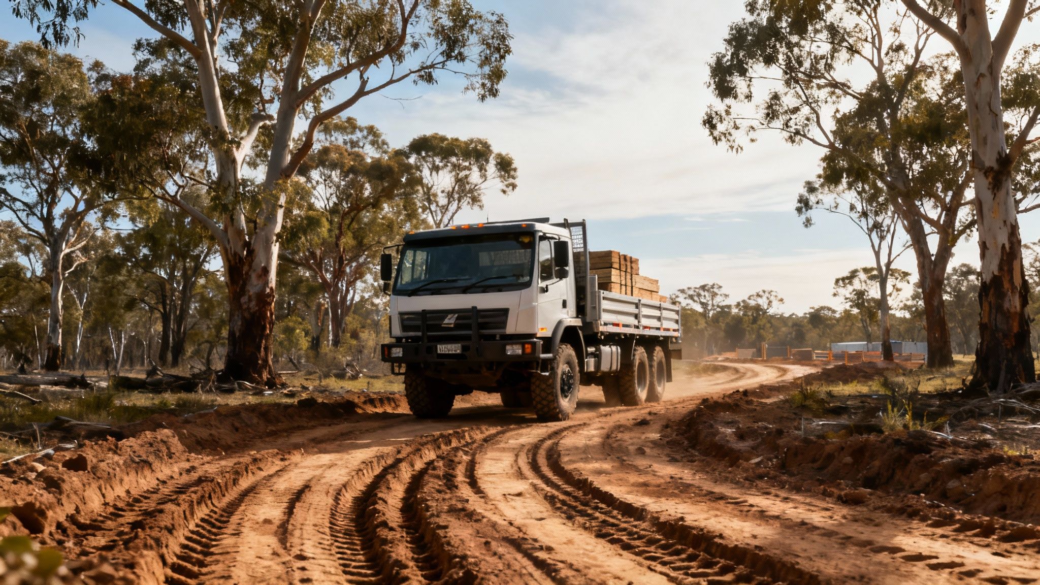White delivery truck transporting timber on muddy rural road through Australian bushland