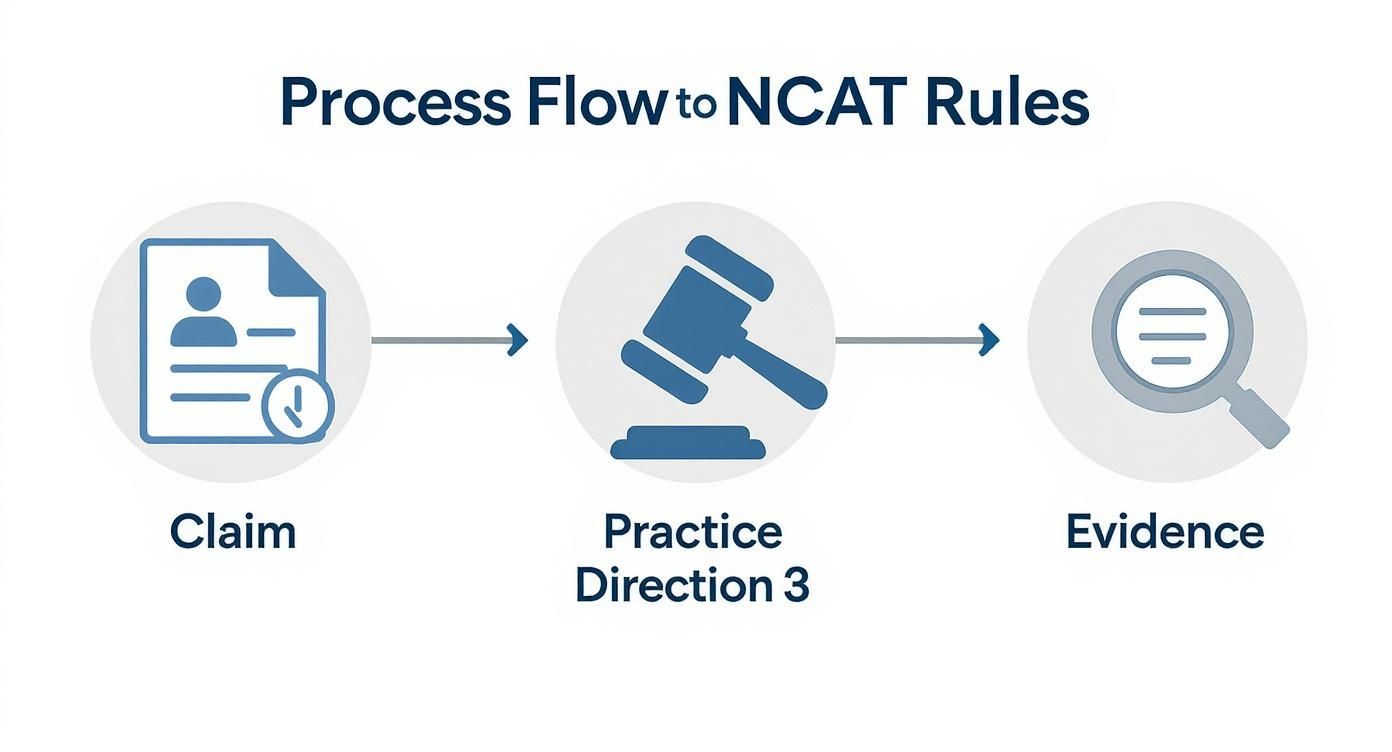 Infographic showing the NCAT process flow from claim to evidence, guided by Practice Direction 3.