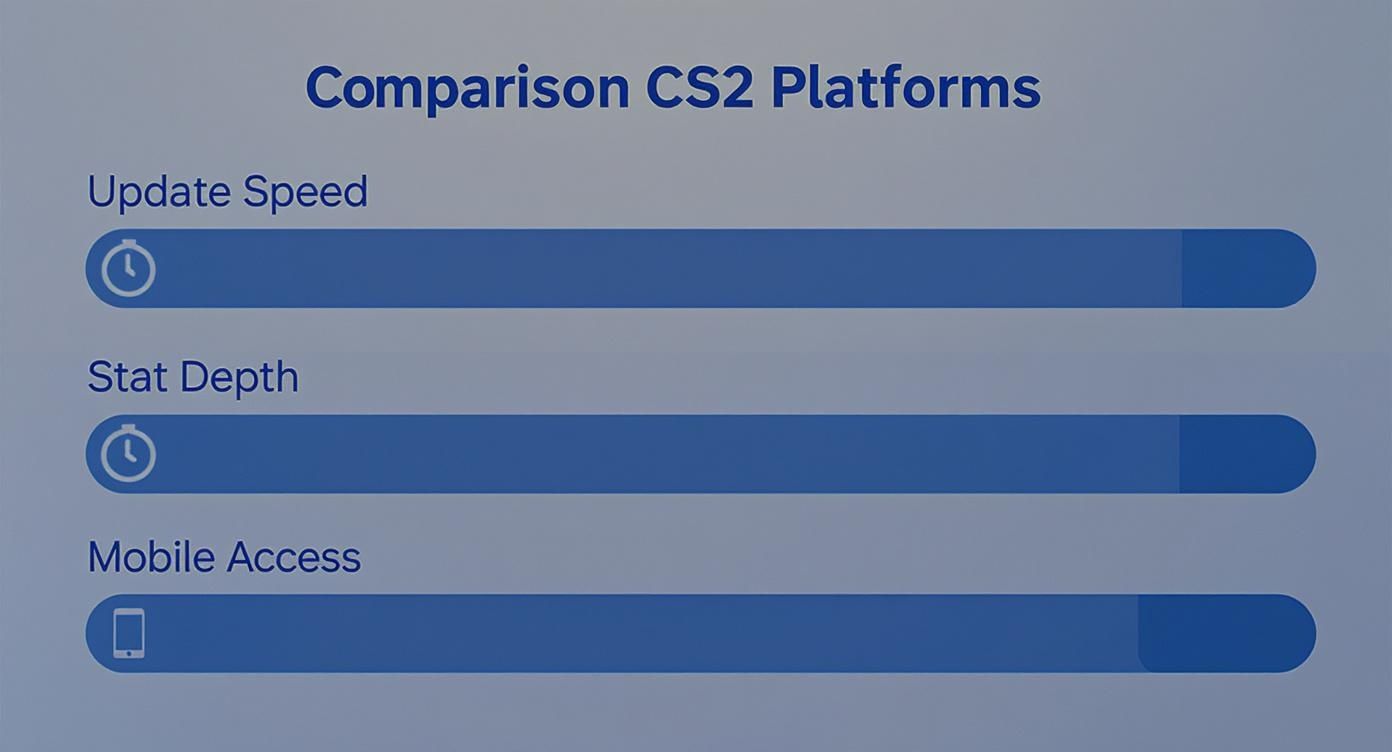 A comparison chart showing Update Speed, Stat Depth, and Mobile Access for CS2 platforms.