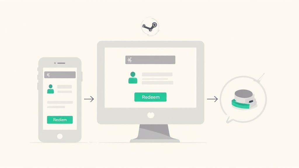 Step-by-step process showing how to redeem Steam game keys on mobile and desktop devices