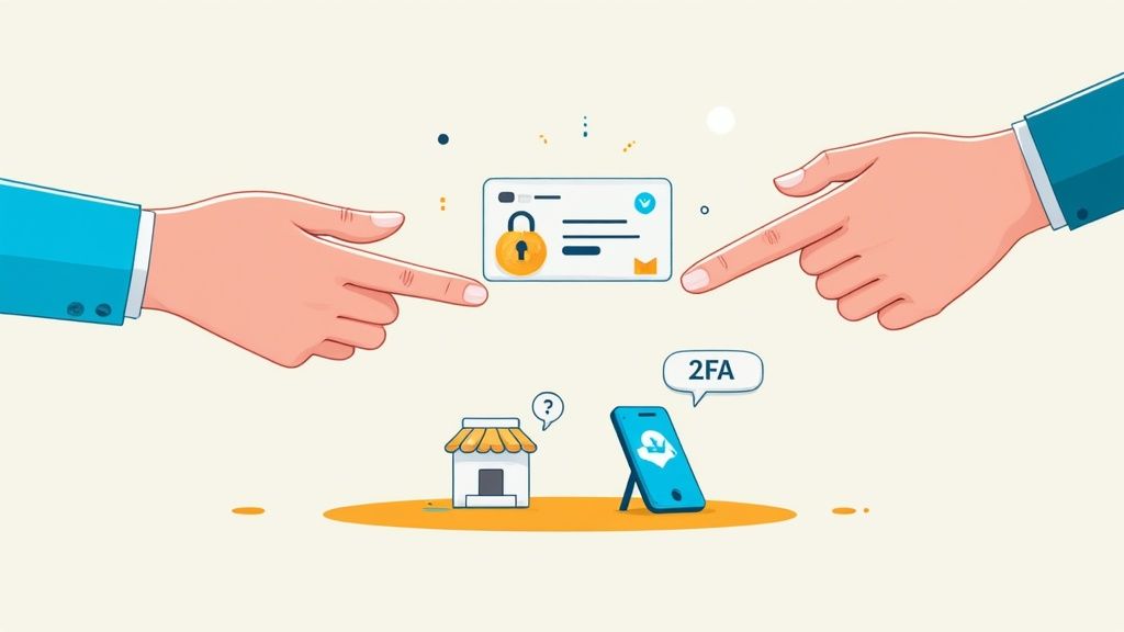 Cartoon showing secure online payments with 2FA, represented by hands, a card, and a phone.