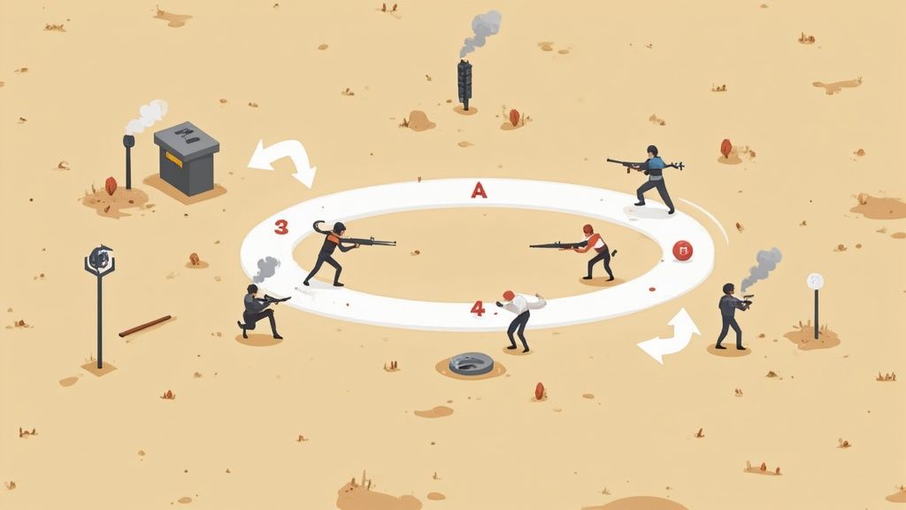 Isometric desert battlefield with armed players in a circular formation, showing strategy and combat.