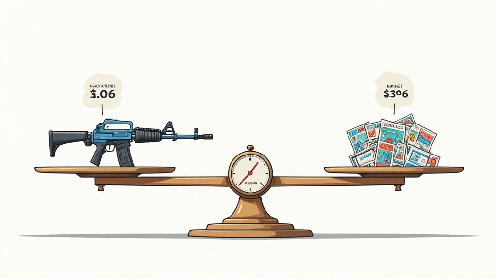 Balance scale comparing AK-47 rifle cost versus Starbucks spending showing equal three hundred six dollar value