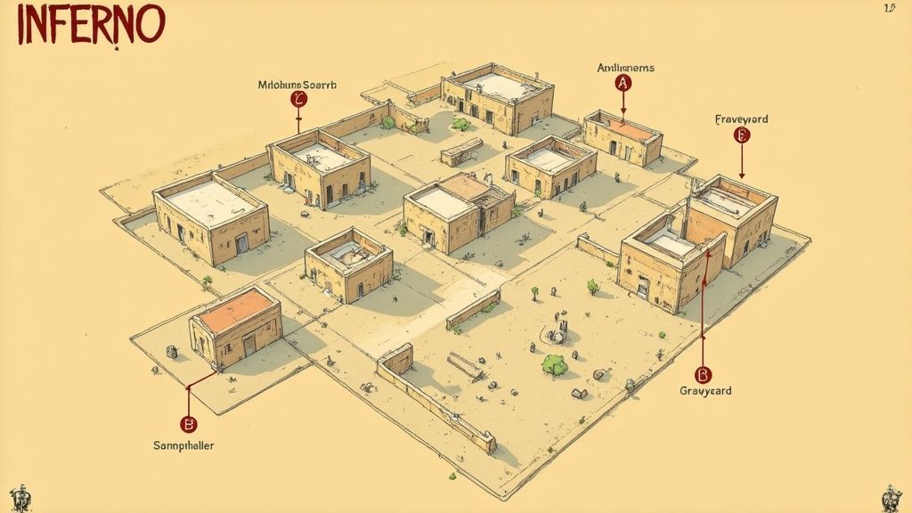 Isometric map of a desert village featuring buildings and specific labeled locations like Fraveyard and Gravycard.