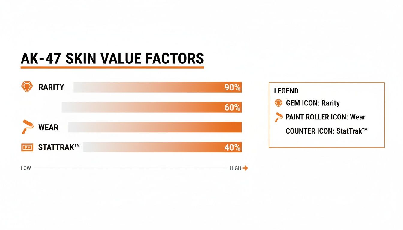 Infographic detailing AK-47 skin value factors: Rarity, Wear, and StatTrak percentages.