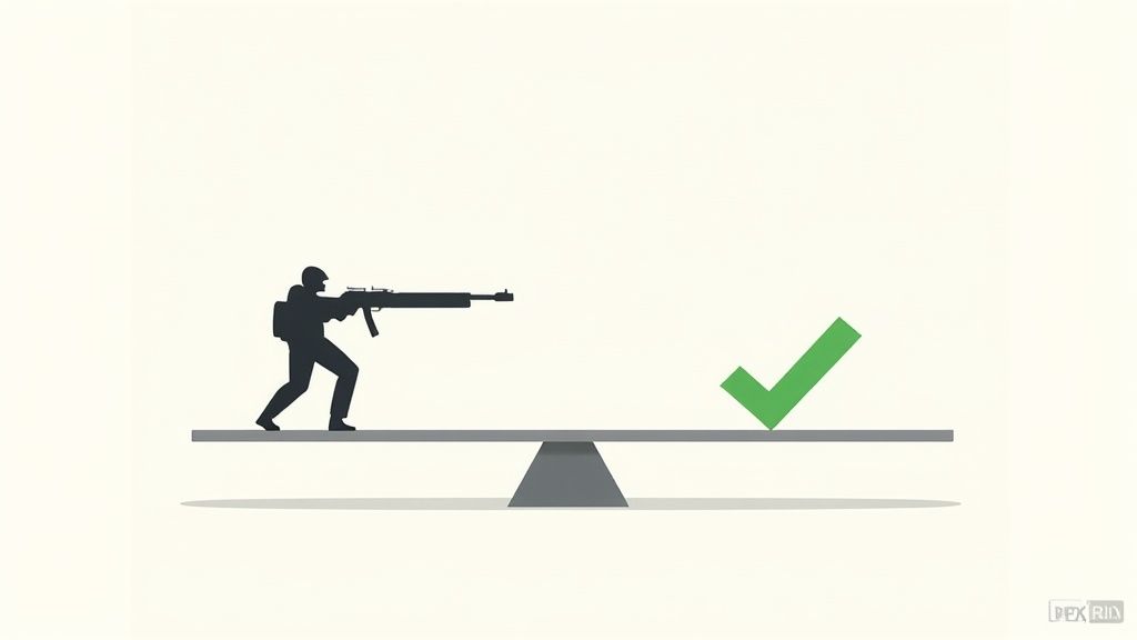 A stylized image of a person holding a large rifle on one side of a balanced seesaw, with a green checkmark on the other.