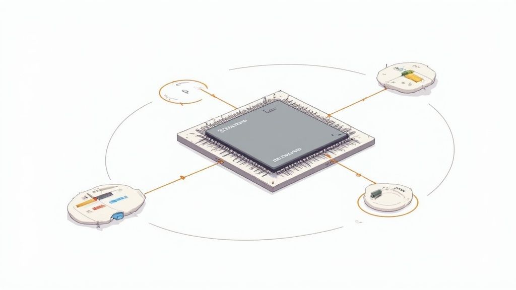 An isometric illustration of a central chip connected to four peripheral modules in a circular diagram.