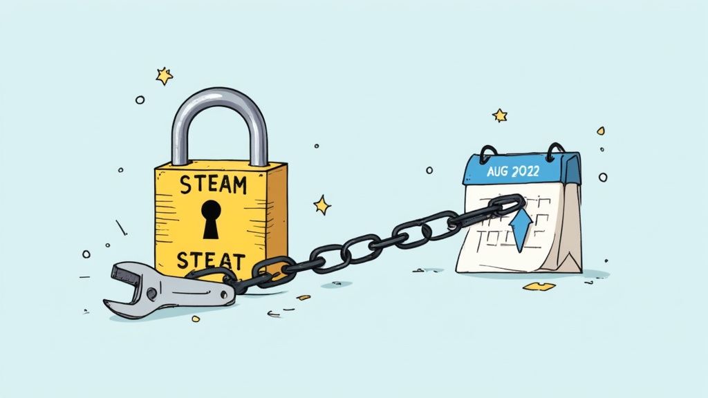 A yellow padlock labeled 'STEAM/STEAT' is chained via a wrench to an 'AUG 2022' calendar with an upward arrow.