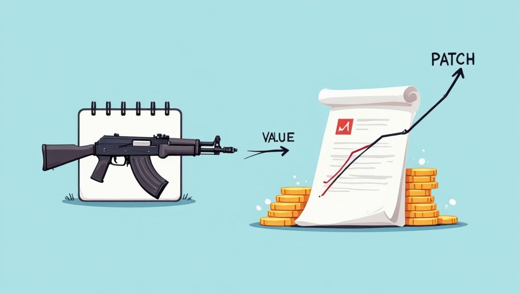 Conceptual image showing an AK-47 rifle, 'VALUE' arrow, and a 'PATCH' graph with coins.