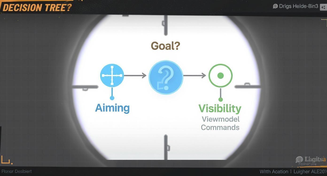 A decision tree diagram seen through a scope, showing 'Aiming' leading to 'Goal?' then 'Visibility' with viewmodel commands.