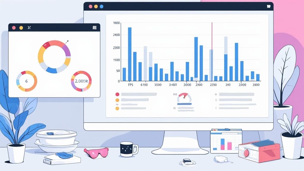 A vibrant desk setup with a computer showing data visualizations, plants, and office items.