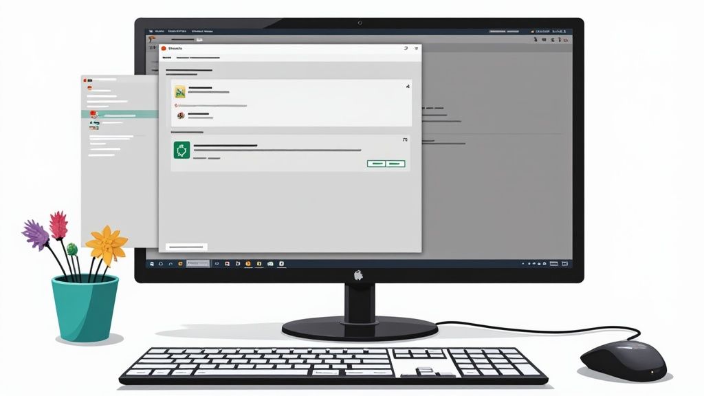 A desktop computer setup featuring a monitor displaying software windows, a keyboard, mouse, and flowers.