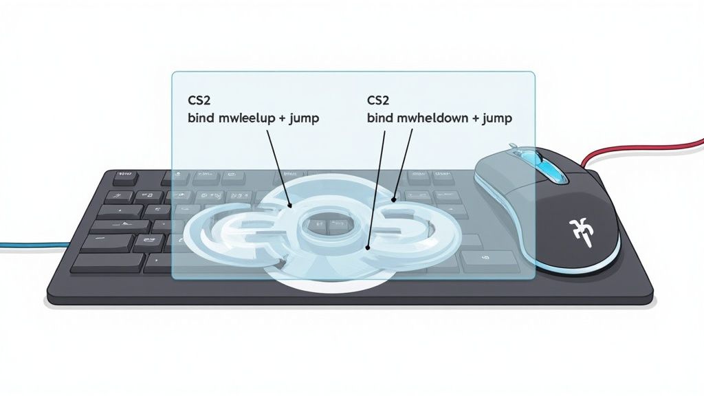 An illustration shows a keyboard and mouse, with CS2 jump binds for mouse wheel up and down.