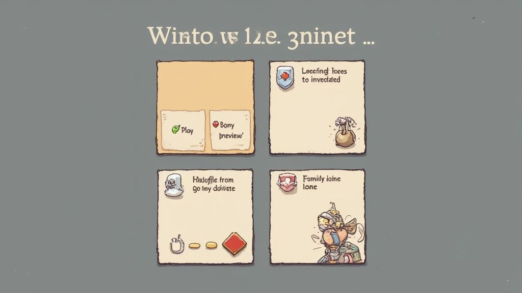 A vintage-style game menu with a title and four square cards displaying various options and illustrations.