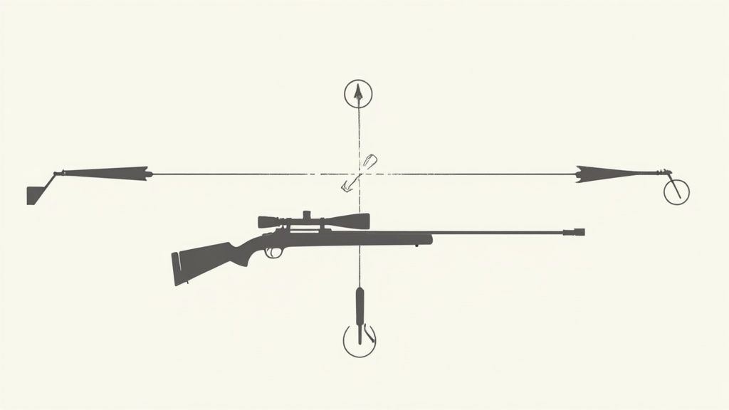 A rifle with a scope is shown with a complex diagram indicating calibration points.