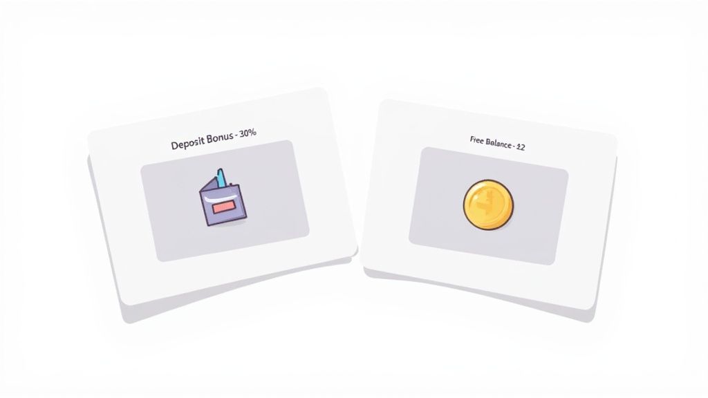 Two cards displaying a deposit bonus of 30% with a wallet and free balance of $2 with a coin.