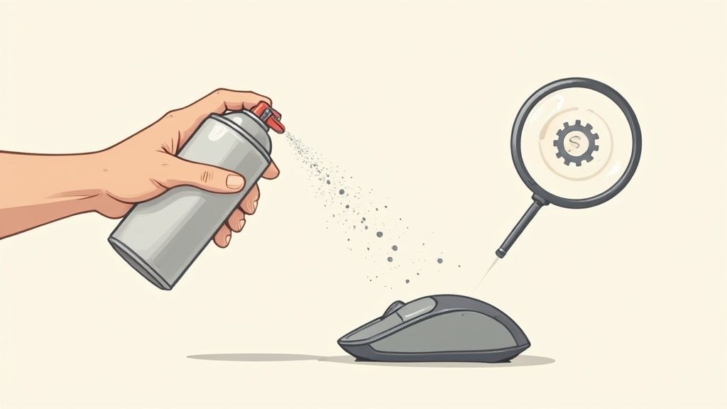 A hand sprays a computer mouse with a cleaning can, with a magnifying glass showing a gear and dollar sign.
