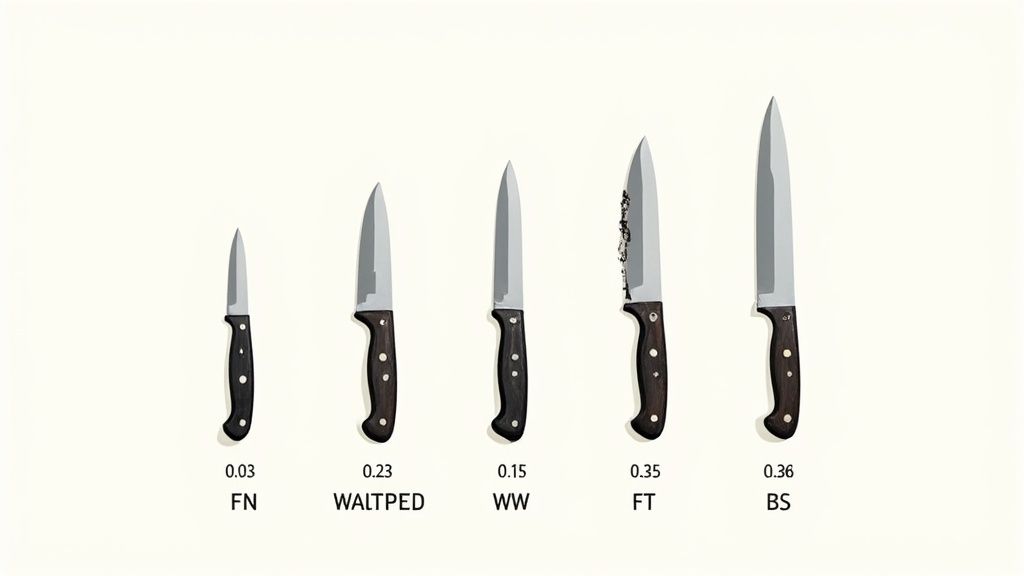 Five CS:GO knives displayed in ascending price order showing different wear conditions and values